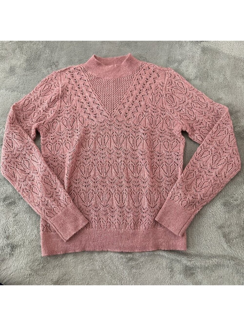Loft Pointelle Yoke Mock Neck Sweater Dusty Pink MEDIUM Open Knit 2025